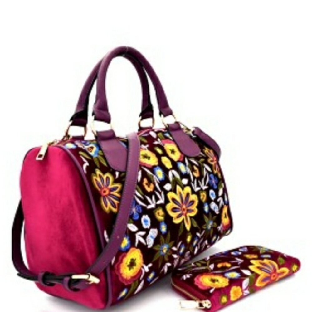Le Miel Burgundy Velour Embroidery Floral Bowler Shoulder Handbag with Wallet